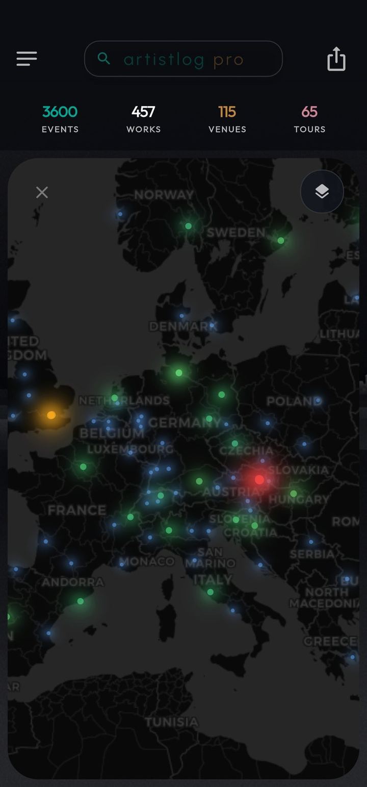 ArtistLog world map as a heatmap — brightest over Vienna, spreading across Europe