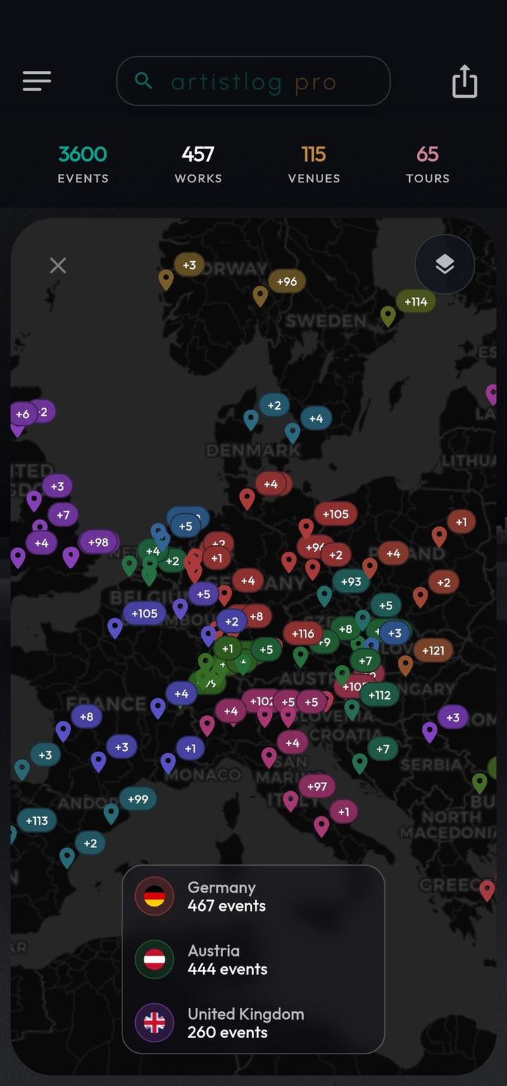 ArtistLog world map with venue pins, each showing how many times that hall was played, and a country breakdown
